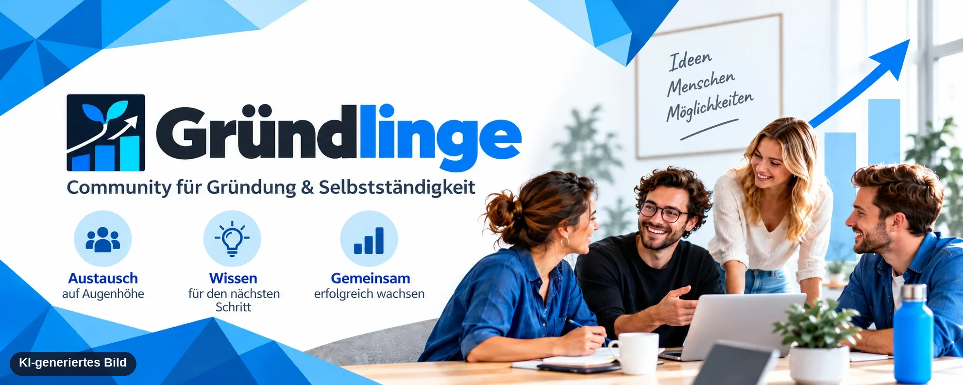 Gründlinge Community-Banner: vier Gründer:innen im Austausch am Tisch