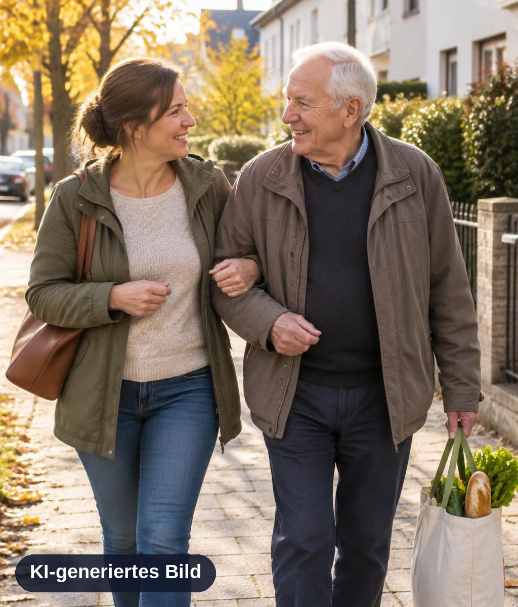 Selbstständige Alltagsbegleiterin geht lächelnd Arm in Arm mit einem älteren Herrn und seiner Einkaufstasche durch eine herbstliche Wohnstraße