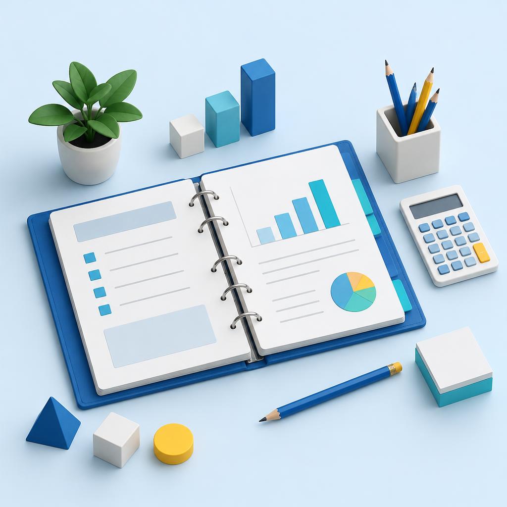 Illustration eines Businessplan-Ordners mit Finanzdiagrammen, Taschenrechner und Planungsunterlagen