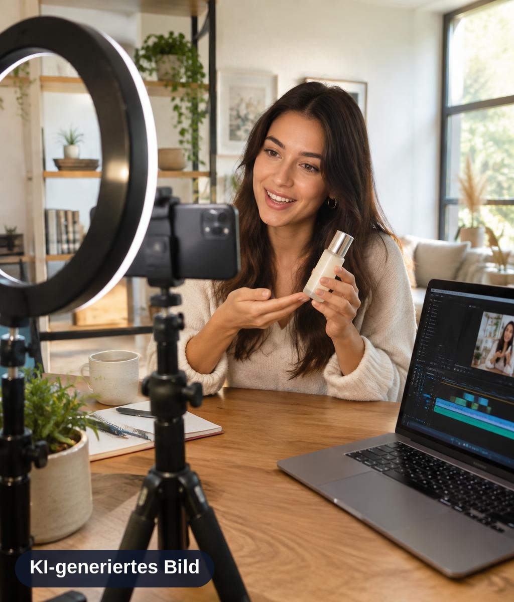 Content Creatorin filmt im Homestudio ein Produktvideo mit Smartphone und Ringlicht, daneben ein Laptop mit Videoschnitt