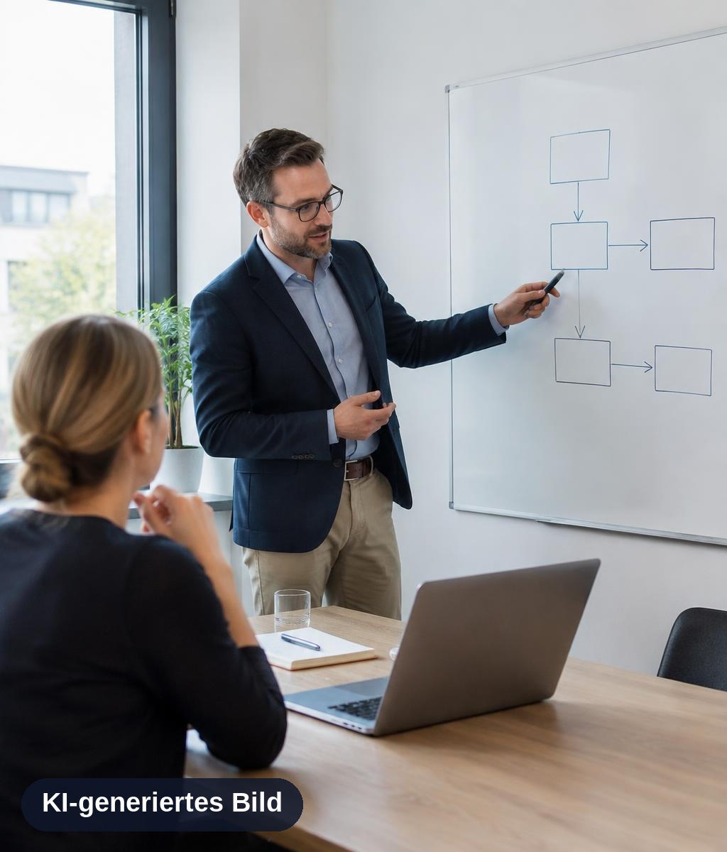 KI-Berater erklärt einer Unternehmerin einen automatisierten Arbeitsablauf am Whiteboard