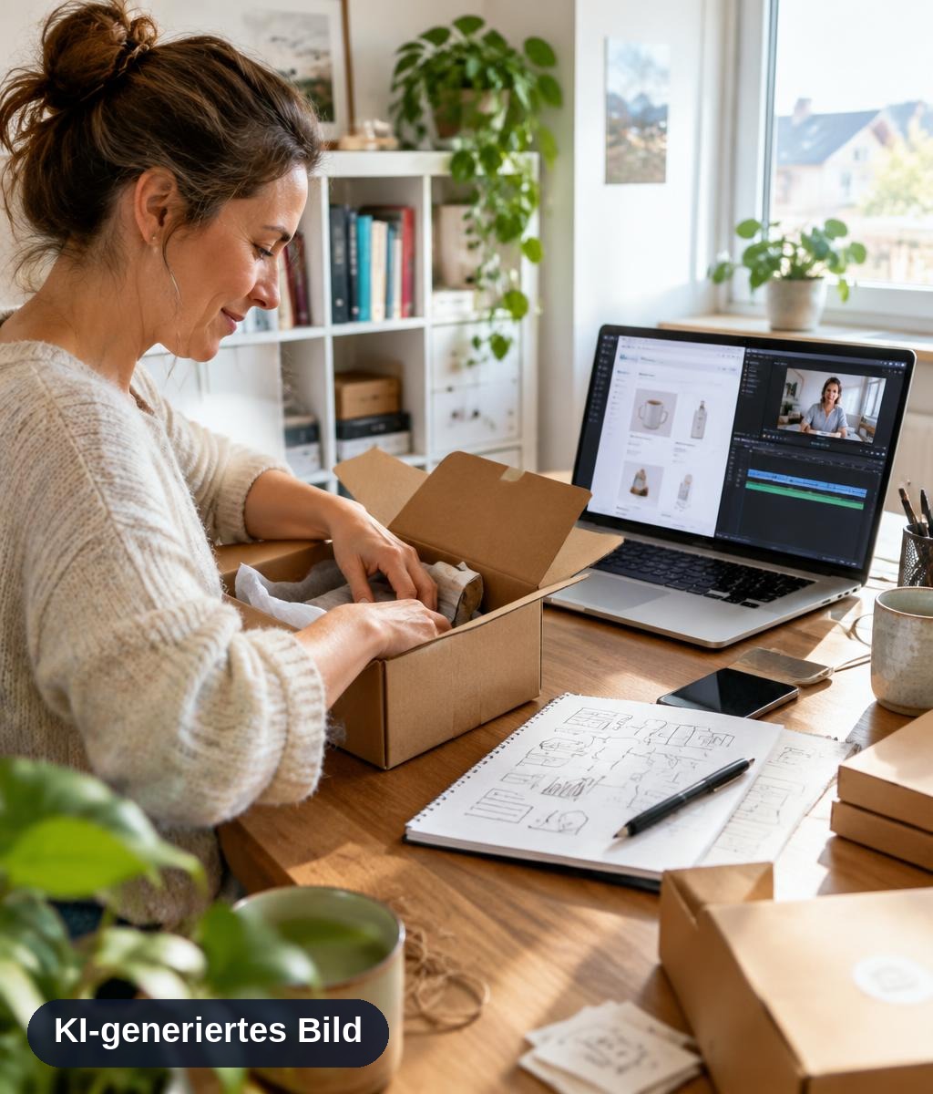 Gründerin verpackt im Homeoffice ein Produkt für den Versand, daneben ein Laptop mit Online-Shop und Videokurs-Bearbeitung