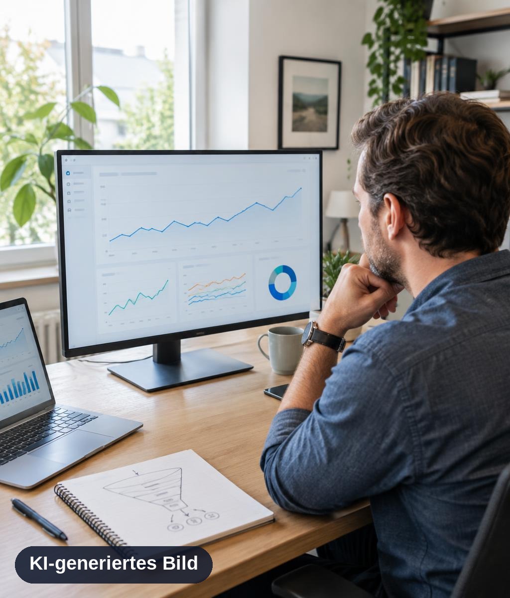 Online-Marketing-Berater analysiert im Homeoffice ein Kampagnen-Dashboard, daneben ein Notizbuch mit skizziertem Funnel