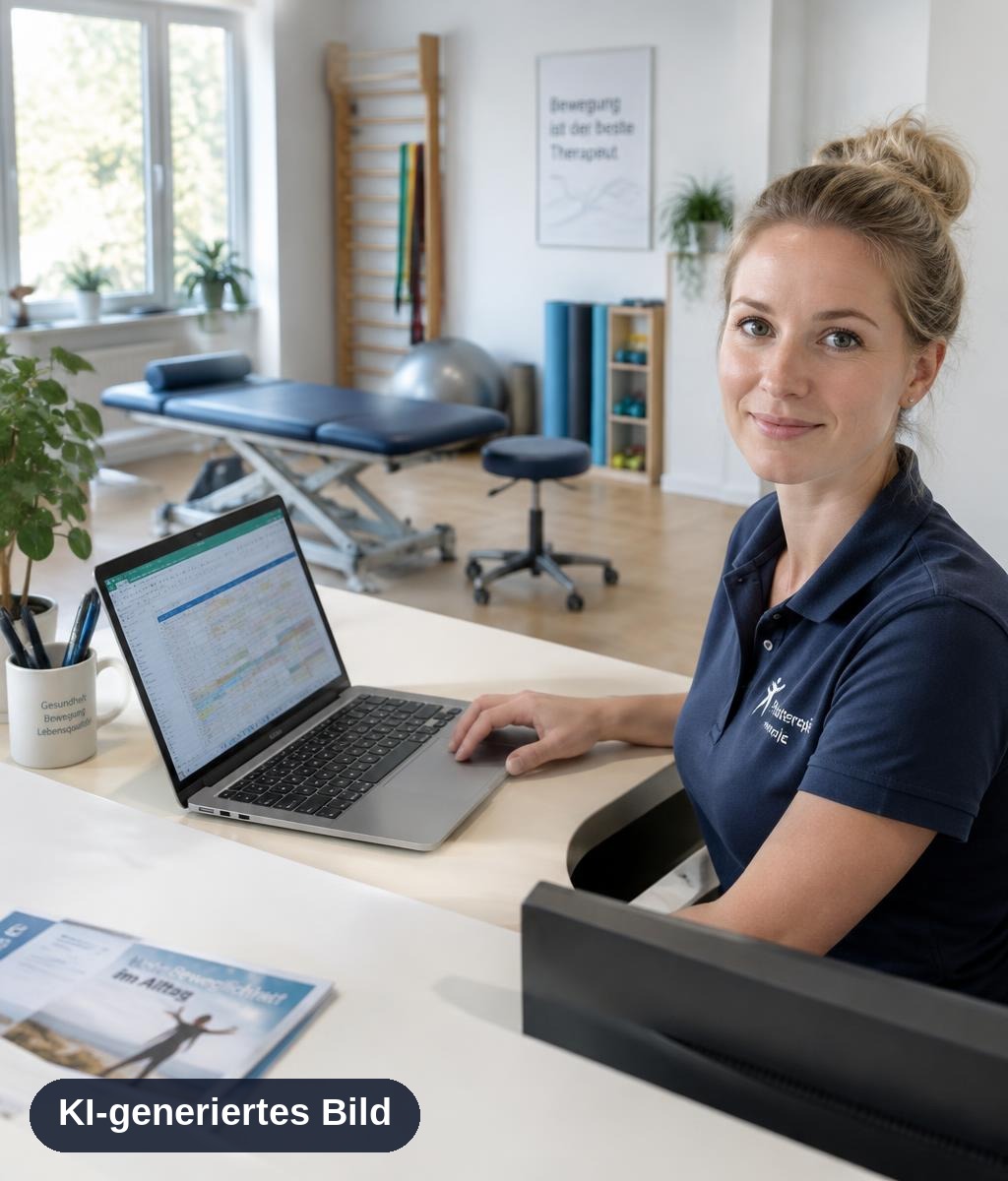 Physiotherapeutin am Empfangstresen ihrer modernen Praxis plant am Laptop Zahlen und Termine, im Hintergrund Behandlungsliege und Trainingsgeräte