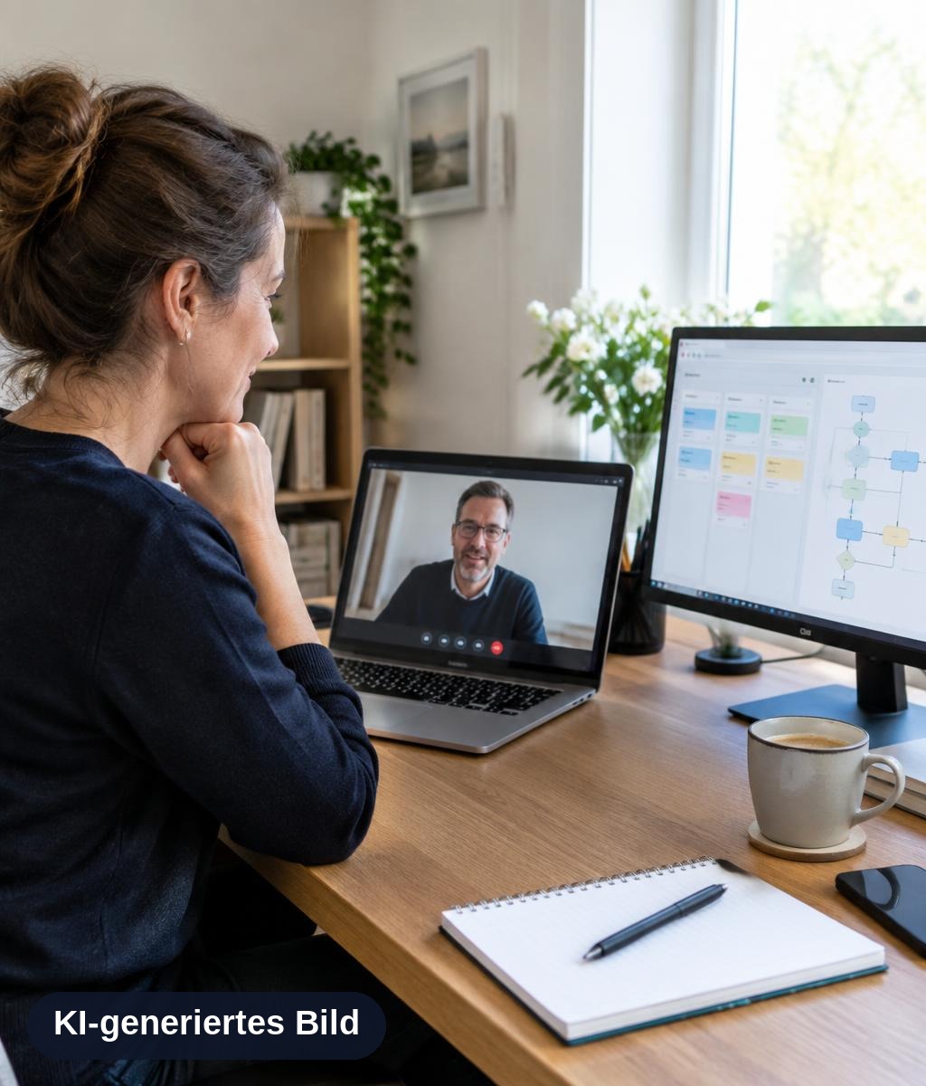 Online-Gründungscoaching für Tech VA und Online Business Manager: Virtuelle Assistentin im Videocall mit einem Kunden, daneben ein Projektboard